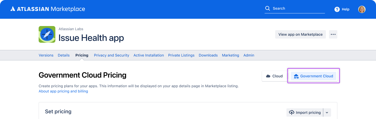 Image of Government Cloud pricing tab
